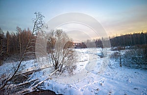 Winter landscape with sunset and the forest