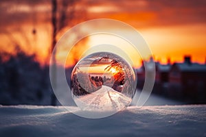 Winter landscape at sunset and a glass ball, abstract Christmas scenic nature landscape