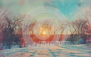 winter landscape sunset with wooded area