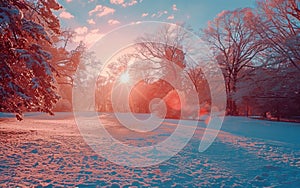 winter landscape sunset with wooded area