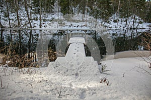 Winter landscape in Sweden. Melting snow on the lake. Traces of a man in the snow, on the pier