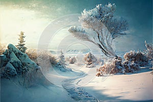 Winter landscape and a tree in the forest. Atmospheric sky and frozen river covered with snow season winter, a peaceful