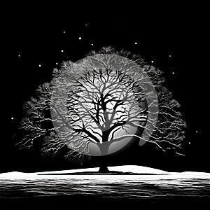 Winter landscape with tree and moon on black background. A lonely tree against the background of the moon and the night