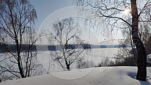 Winter landscape with trees on a cliff and a view from a height of a frozen river or a field with snow on a cold sunny