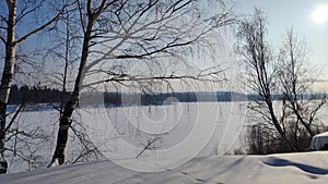 Winter landscape with trees on a cliff and a view from a height of a frozen river or a field with snow on a cold sunny