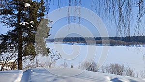 Winter landscape with trees on a cliff and a view from a height of a frozen river or a field with snow on a cold sunny