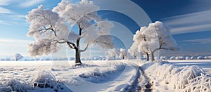 Winter landscape with trees covered with hoarfrost and a road