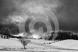 Winter landscape, with trees and hill covered by snow, under a moody, clouds sky