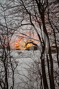 Winter landscape, with trees and hill covered by snow and warm, orange sunset sky