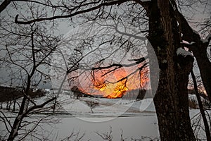 Winter landscape, with trees and hill covered by snow and warm, orange sunset sky