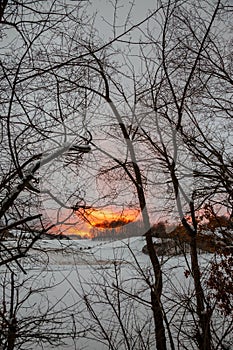 Winter landscape, with trees and hill covered by snow and warm, orange sunset sky