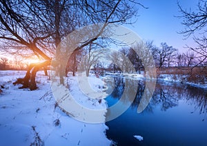 Winter landscape with trees reflected in river at sunset