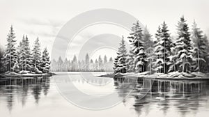 Black And White Oil Painting Of A Snowy Lake With Trees