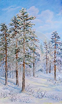 Winter landscape with trees in the snow on a canvas. Original oil painting.
