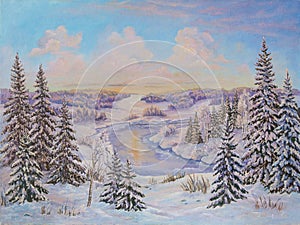 Winter landscape with trees in the snow on a canvas. Original oil painting.