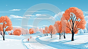 Winter landscape with trees and snow covered road, AI