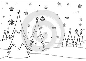 Winter landscape with trees in the snow. Vector black and white coloring page