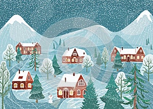 Winter landscape vector background. Nature night rustic scene with cute houses, fir tree, road, snowman, mountains