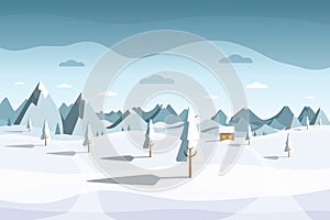 Winter landscape - vector. Field and trees covered with snow with frozen cabin
