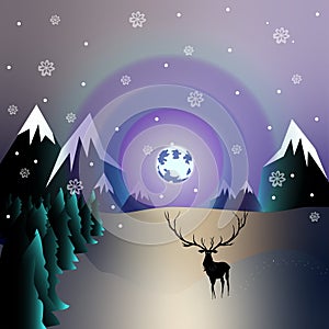 Winter landscape vector image, snow-capped mountains, the moon shines