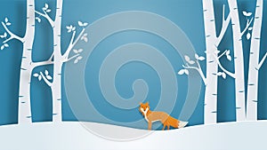 Winter landscape view background with lonely fox in paper cut style. Vector illustration with snow field and tree in forest.