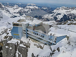 Winter landscape view at the cable car station of mount Titlis over Engelberg in the Swiss alps