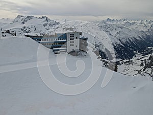 Winter landscape view at the cable car station of mount Titlis over Engelberg in the Swiss alps