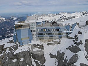 Winter landscape view at the cable car station of mount Titlis over Engelberg in the Swiss alps