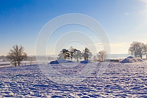 Winter landscape view fields forests covered snow