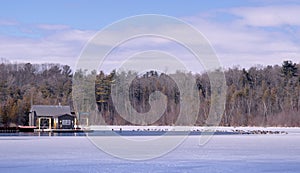 Winter landscape view of a frozen lake with an unfrozen opening around a house with a pier and ducks sitting at the
