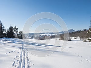 Winter landscape with view of village town Cvikov and ski run trail on snow-covered fields and snowy frozen forest and