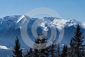 Winter landscape, viewpoint to Bucegi Mountains, Postavaru Mountains, Romania