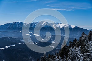 Winter landscape, viewpoint to Bucegi Mountains, Postavaru Mountains, Romania