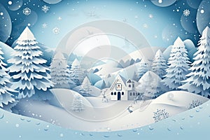 Winter landscape with village cozy houses and fir trees in snow in paper cut style. Generative AI