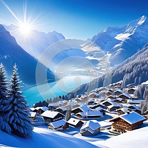 Winter Landscape and Village in the European Alps Christmas Advent Wallpaper Background Digital Art Kunst Illustration Journal