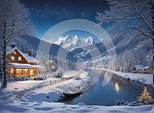 Winter landscape village with falling Christmas snow, cozy cabins, snow mountains, and pine trees under the moonlit light