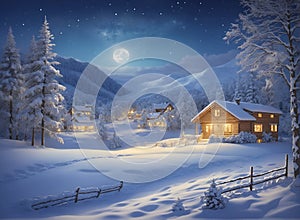 Winter landscape village with falling Christmas snow, cozy cabins, snow mountains, and pine trees under the moonlit light