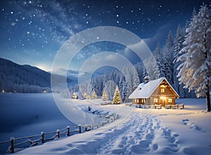 Winter landscape village with falling Christmas snow, cozy cabins, snow mountains, and pine trees under the moonlit light