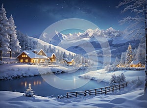 Winter landscape village with falling Christmas snow, cozy cabins, snow mountains, and pine trees under the moonlit light