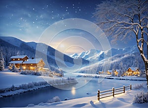 Winter landscape village with falling Christmas snow, cozy cabins, snow mountains, and pine trees under the moonlit light