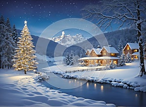 Winter landscape village with falling Christmas snow, cozy cabins, snow mountains, and pine trees under the moonlit light