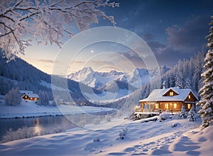 Winter landscape village with falling Christmas snow, cozy cabins, snow mountains, and pine trees under the moonlit lightc