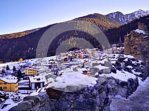 Winter landscape of the village of Ossana, Val di Sole, Trentino-Alto Adige, Italy