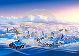 Winter landscape with village. Raster illustration.