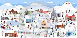 Winter landscape of village in snow, people on holidays. Cute Christmas town panorama with families, children during