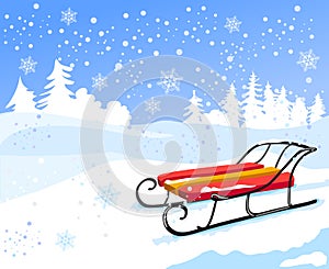 Winter landscape with vintage sled