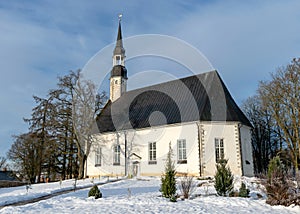 winter landscape with white church, winter day