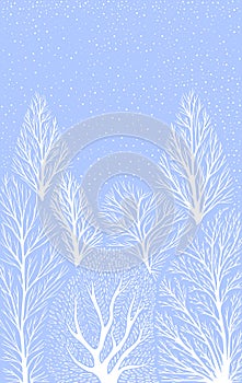 Winter landscape with white tree trunks, falling snow on a light blue sky background.