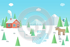 Winter landscape with wild animals, forest house, mountains and