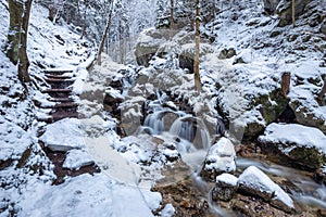 Winter landscape with a wild stream and waterfalls